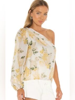 CAMI NYC Medium One-Shoulder Yellow Floral Blouse Silky REVOLVE EUC
